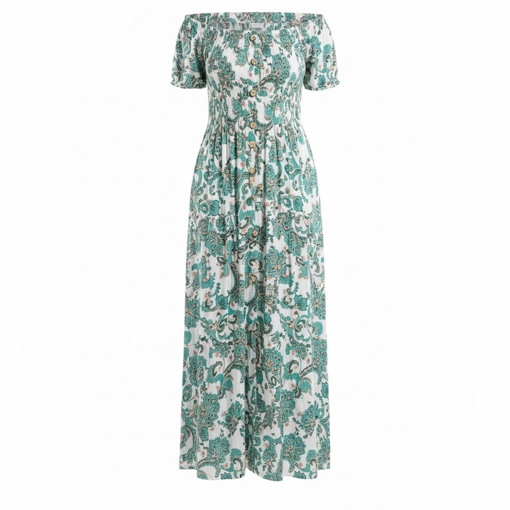 Green Paisley Off-The-Shoulder Maxi Dress Boho Smocked Sleeve  Dress Sz OS